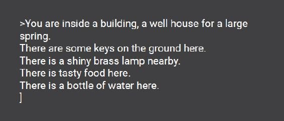 You are inside a buidling, a well house for a large spring. There are some keys on the ground here. There is a shiny brass lamp nearby. There is tasty food here. There is a bottle of water here.